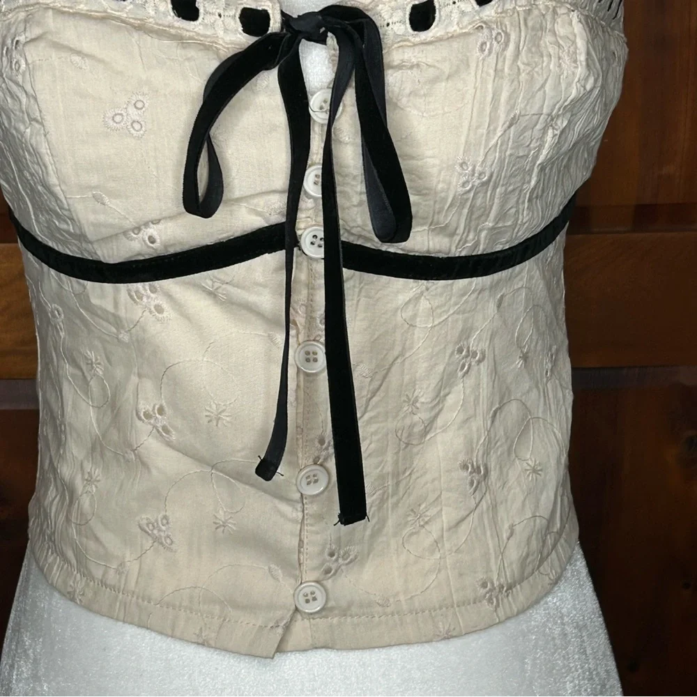 Forever 21 Eyelet Crop Top w Blk Velvet Ribbon Accent Coquette Fairycore Y2K - Picture 9 of 16